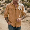 Outdoor shot of men's cotton-linen button-up shirt in mustard yellow with dual chest pockets - Khaki