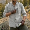 Outdoor detail of grey cotton linen men's shirt with tactical shoulder straps and pockets - Light Gray