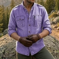 Close-up of men's purple acid wash cotton shirt featuring double chest utility pockets - Purple