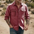 Men's retro deep red cotton linen shirt with dual chest pockets in a desert outdoor setting - Burgundy