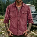 Men's vintage wine red long sleeve work shirt with dual chest pockets in outdoor setting - Burgundy
