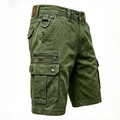 Men's army green heavy cotton cargo shorts with multiple utility pockets and leather label - M / Army Green