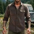Detail of a men's heavy cotton cargo shirt in vintage charcoal grey for outdoor wear - Tan