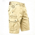 Men's khaki cargo denim shorts with multi-pockets and vintage washed canvas texture - M / Apricot