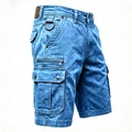 Detail of men's blue washed denim cargo shorts featuring multi-pocket design and D-ring - M / Blue