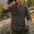 Detail of grey tactical cotton shirt with epaulettes and vertical zipper pocket - Tan