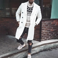 Men's stylish white wool coat with black double-breasted buttons and turtleneck sweater - M / White