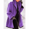 Close-up of purple hooded wool coat featuring contrasting black trim on the wide lapels - S / Tops / Purple