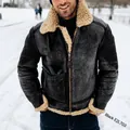 Herren Fliegerjacke aus Wildlederimitat mit weißem Sherpa-Kragen in Vintage-Schwarz - Dunkelgrau + Schwarz