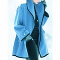 Sky blue hooded wool blend mid-length coat with black contrast trim and oversized buttons - Blue