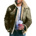 Detail der braunen Herren-Wildlederjacke mit warmem weißem Lammfellkragen im Vintage-Stil - M / Oberteile / Grün
