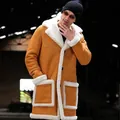 Detail view of men's orange suede winter coat with thick white faux fur lining and trim - S / Tops / Turmeric