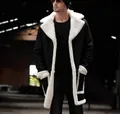 Men's winter mid-length black faux suede jacket with warm white fleece lapel collar - S / Tops / Black