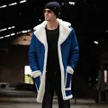Detail of blue suede winter coat ST1187 with faux shearling collar and lining - S / Tops / Sapphire Blue