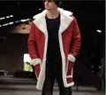 Detail showing the thick faux fur lining and red suede fabric of the men winter coat - S / Tops / Red