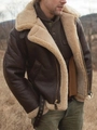 Classic men's brown faux leather shearling jacket with warm wool lining and collar - S / Tops / Dark Brown