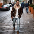 Bruin heren pilotenjack van imitatieleer met warme fleece kraag en distressed textuur - S / Tops / Khaki