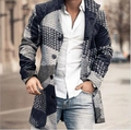 Men's wool coat featuring a geometric black and grey patchwork design in mid-length style - M / Tops / Multicolor Print