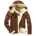 Men's brown suede jacket with faux shearling lining and warm fur-trimmed hood - S / Tops / Khaki