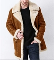 Men's brown thick faux suede long coat with fleece lining and sheepskin collar - S / Ginger Yellow