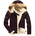 Deep burgundy men's faux suede jacket with warm white fleece lining and plush fur hood - S / Tops / Coffee