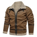 Detalle de chaqueta de ante marrón con cuello de borreguillo y cremallera metálica - S / Caqui