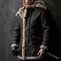 Men's dark brown faux suede shearling jacket with hooded fur collar and fleece lining - S / Tops / Dark Gray