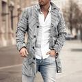 Close-up of men's wool blend overcoat featuring grey plaid texture and decorative stitching - Gray Random Print