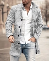 Macro shot of single-breasted wool-blend overcoat featuring grey melange texture and buttons - White Floral