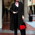 Classic double-breasted long black wool coat for women with H-line cut and notch lapel - S / Black