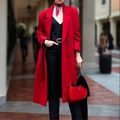 Detail of red wool coat with waist belt, matching handbag and printed silk scarf - S / Red