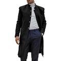 Men's wool blend long coat featuring a classic stand collar and slim fit business design - S / Black