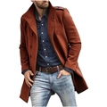 Men's wool blend coat in caramel color with high stand collar and shoulder straps - S / Brick Red