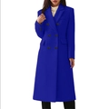 Detailed view of royal blue long wool coat featuring notched lapels and double-breasted buttons - Blue