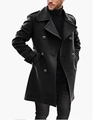 Close-up of the thick wool texture and double-breasted buttons on a men's winter overcoat - M / Black