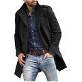 Men's black mid-length wool coat with stand-up collar and buttons on pure white background - S / Black