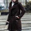 Men's double-breasted shearling-lined suede jacket in dark coffee color for winter - S / Tops / Coffee