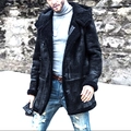 Men's winter black faux suede shearling coat with hooded collar and thick fleece lining - S / Black