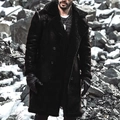 Men's double-breasted faux suede long coat with warm black shearling lining and wide lapels - S / Black