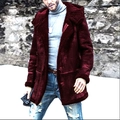 Men's burgundy hooded faux shearling coat styled with jeans in outdoor winter scenery - S / Burgundy