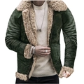 Men's dark green faux suede jacket with warm beige shearling fleece lining and collar - S / Green