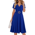Elegant royal blue short sleeve V-neck A-line midi dress with decorative waist belt buckle - S / Blue