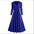 Royal blue long-sleeved dress featuring a deep V-neckline and elegant pleated waist detail - S / Blue