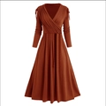 Elegant caramel long sleeve maxi dress with V-neck wrap design and pleated A-line skirt - S / Camel
