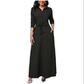 Elegante zwarte maxi-jurk met lange mouwen en strikceintuur in A-lijn model - Zwart