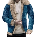 Mens blue faux suede winter jacket with warm beige shearling collar and lining - S / Blue