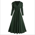 Elegant dark green V-neck long sleeve dress with pleated waist and A-line silhouette - S / Green