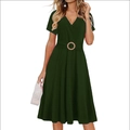 Deep green V-neck short sleeve A-line midi dress with a retro round buckle belt - S / Green