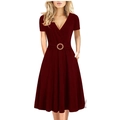 Deep red mid-length V-neck A-line dress with short sleeves and buckle waist belt - S / Burgundy