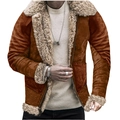Men's brown faux suede jacket with warm white shearling collar and zipper closure - S / Dark Brown